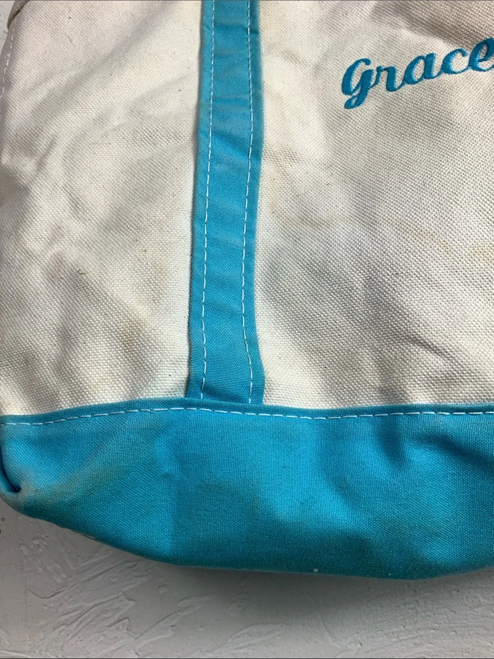 L.L. Bean Boat and Tote Canvas Bag - Teal/White - Embroidered 
